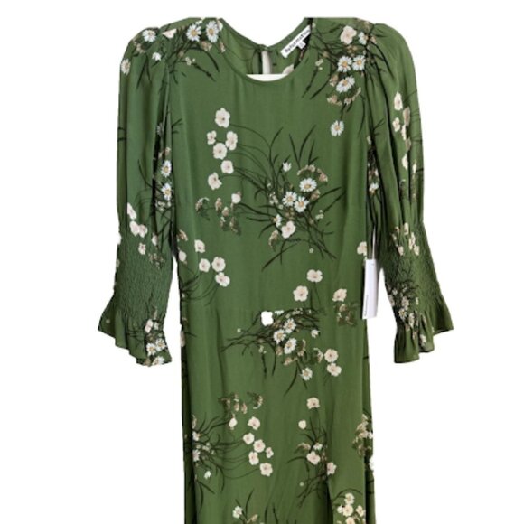 Reformation Dresses & Skirts - Reformation Green Floral Midi Dress Puff Sleeve Front Slit Boho Romantic Chic 4